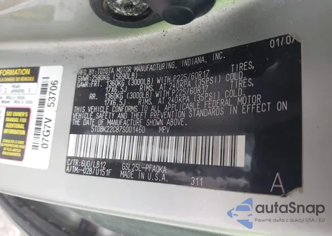 2007 Toyota Sienna Xle Limited from USA, damaged, VIN 5TDBK22C87S001460